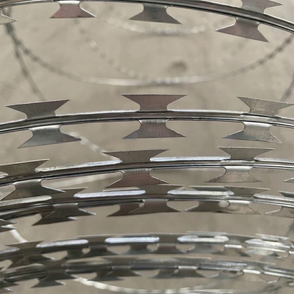 ANJIA Group hot-dip galvanized CBT-60 razor wire multi-layer coil closeup showing blade and core wire detail
