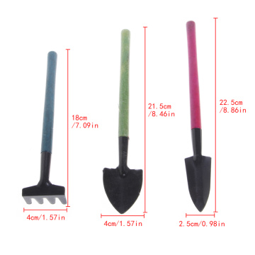 3Pcs Mini Garden Gardening Plant Tools Set with Wooden Handle Shovel Spade Rake