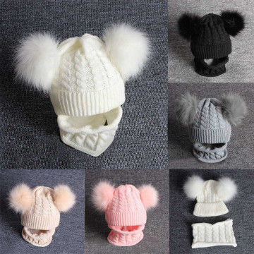 2PCS Kid Winter Hats Baby Girls Boys Knitting Wool Hemming Keep Warm Winter Hairball Cap Hat +Scarf Set for 1-6 Years Kids M800#