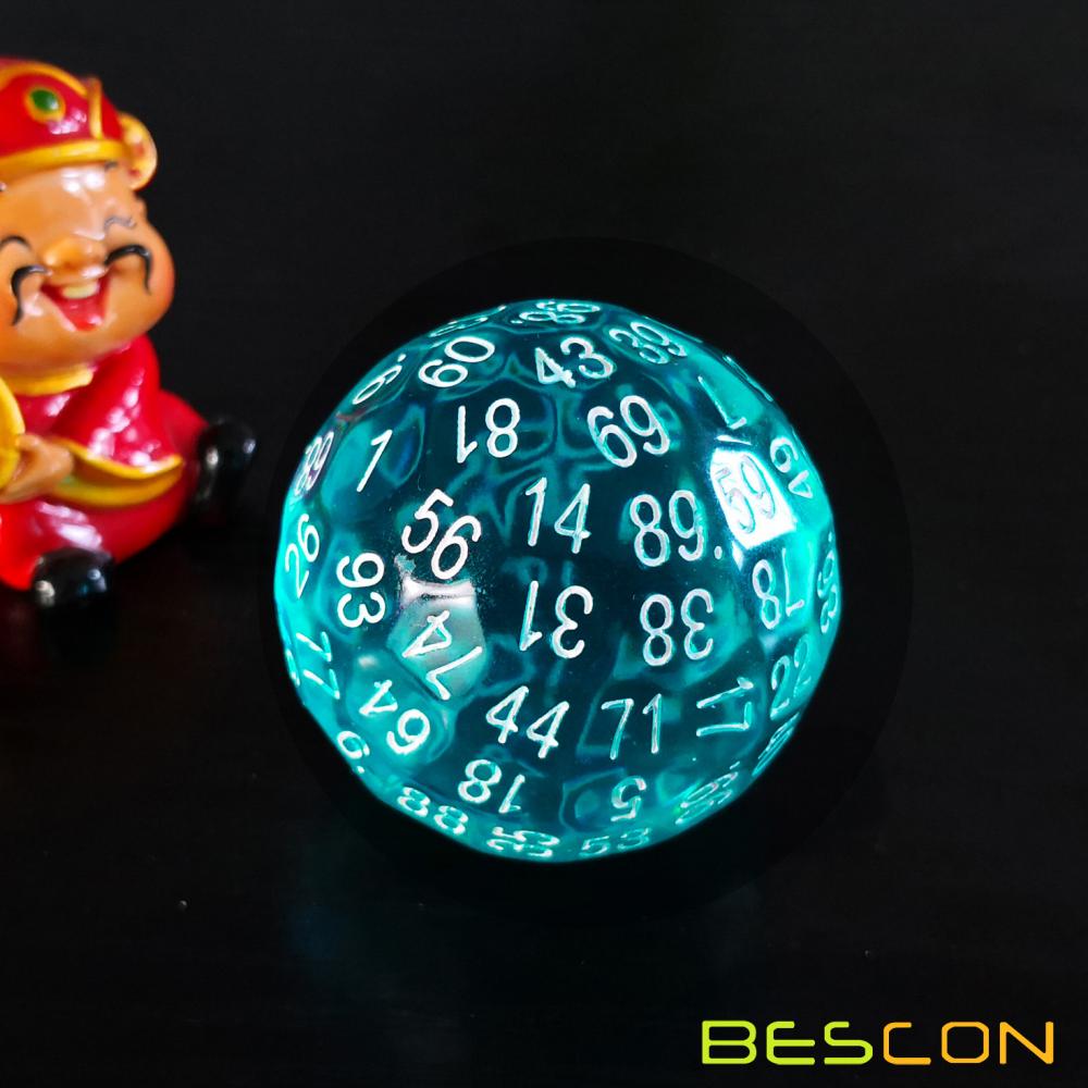 Bescon Translucent Polyhedral Dice 100 Sides Dice, Transparent D100 die, 100 Sided Cube, D100 Game Dice,100-Sided Cube of Teal
