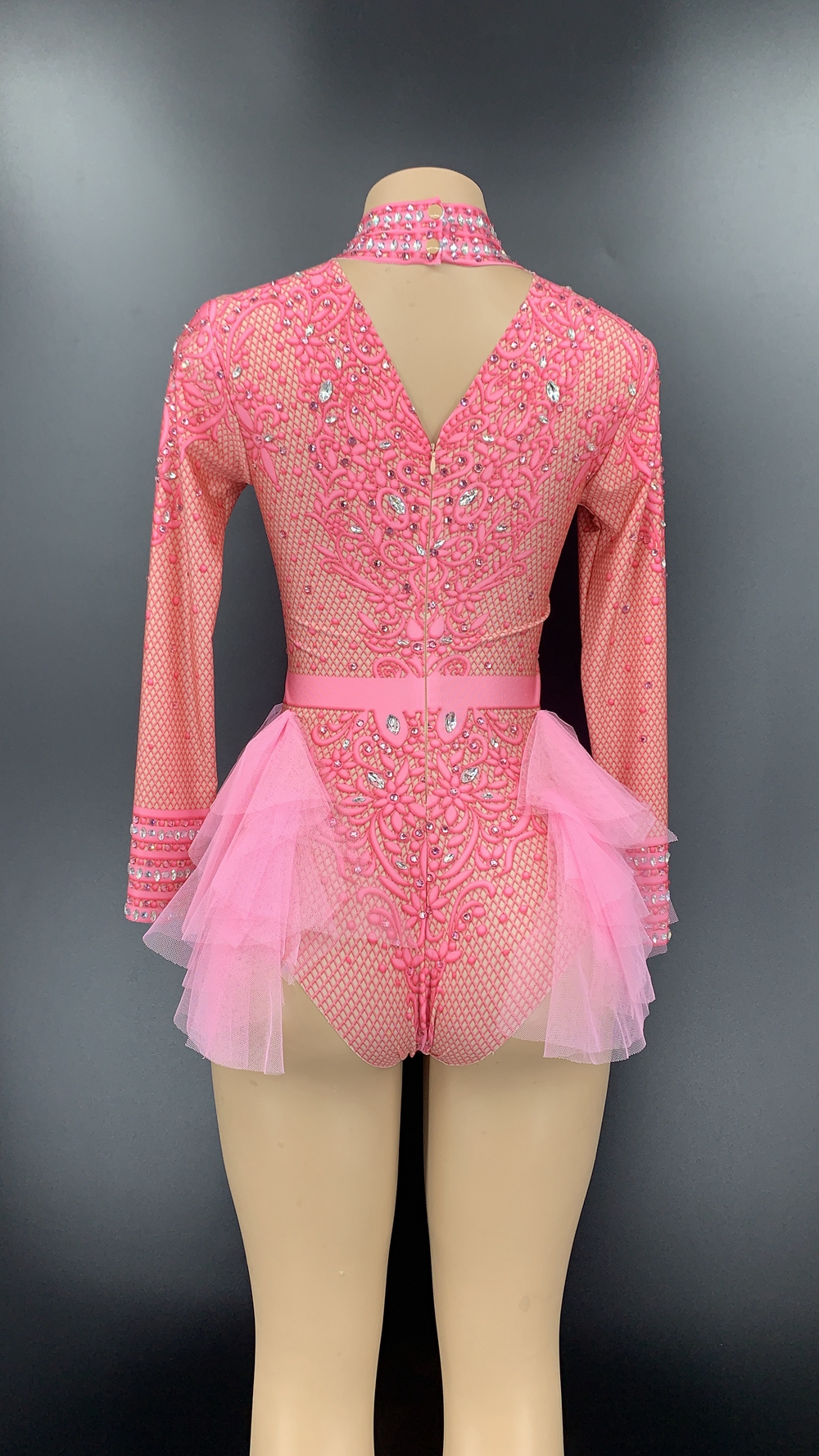 Red Silver Rhinestone Lace Long Sleeve Bodysuit Birthday Celebrate Prom Outfit Women Dancer Singer Performance Show Stage Wear