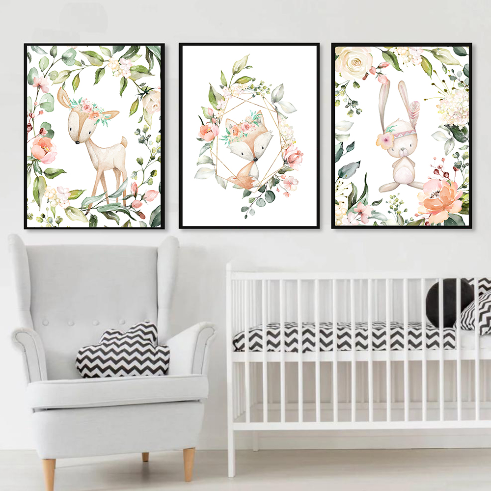 Baby Rabbit Deer Fox Canvas Painting Animal Print Olive Branch Boho Floral Poster Green Fresh Nursery Wall Art Picture Kids Room