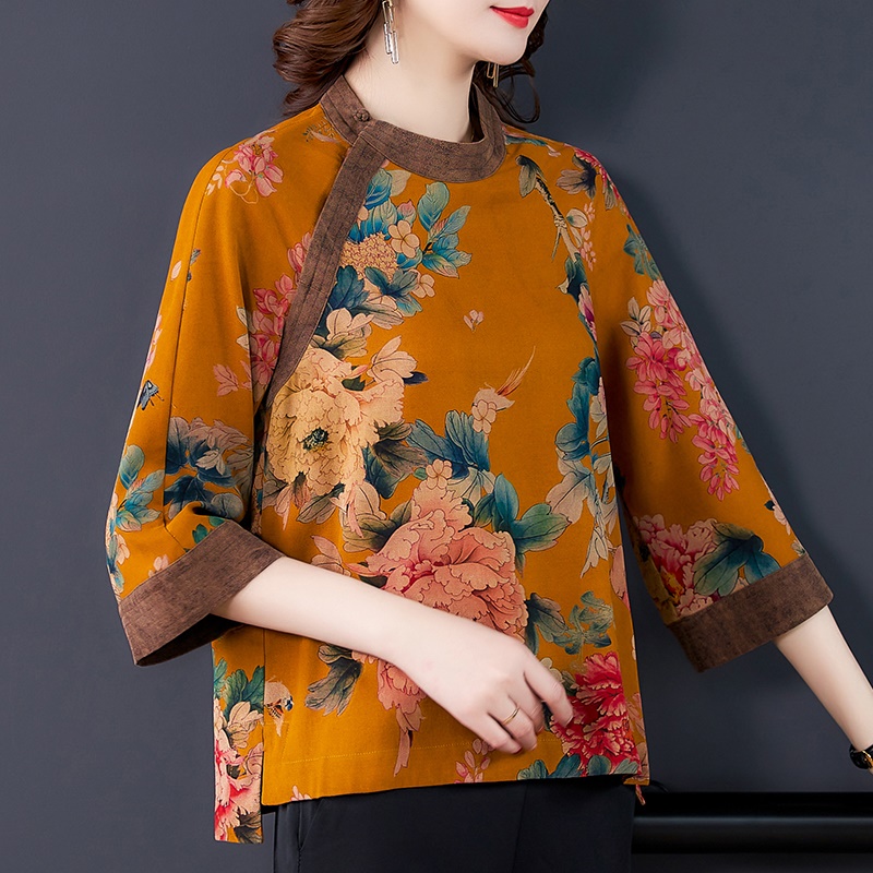 Traditional Chinese Style Clothing Women 2020 Silk Cheongsam Top Elegant Vintage Qipao Shirt Floral Print Qipao Costume 11641