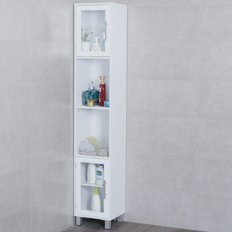 71" Elegant White Organizer Bathroom Tall Tower Storage Cabinet Large Capacity Storage Cabinet Toughened Glass Door Cabinet