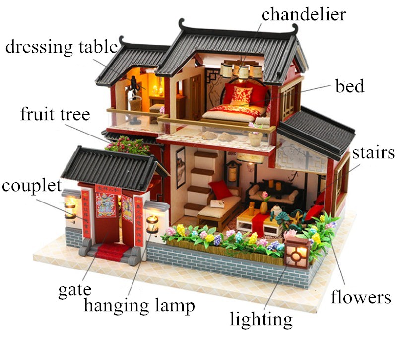 diy big Chinese retro doll house wooden doll houses bedroom miniature villa dollhouse kast furniture kit jugetes para ninos