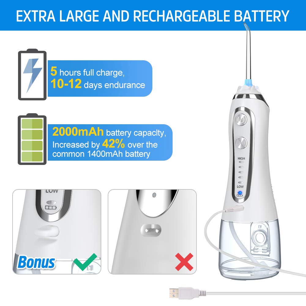 5 Modes Portable Oral Irrigator 300ml Waterproof Dental Water Flosser Jet USB Irrigator Dental Teeth Cleaner + 5 Jet Tips & Bag