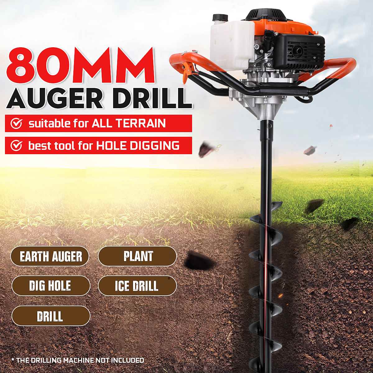 800mm x 80mm Plante Drill Auger Yard Gardening Replacement Tool Auger Drill Bit Hole Digger for Earth Auger