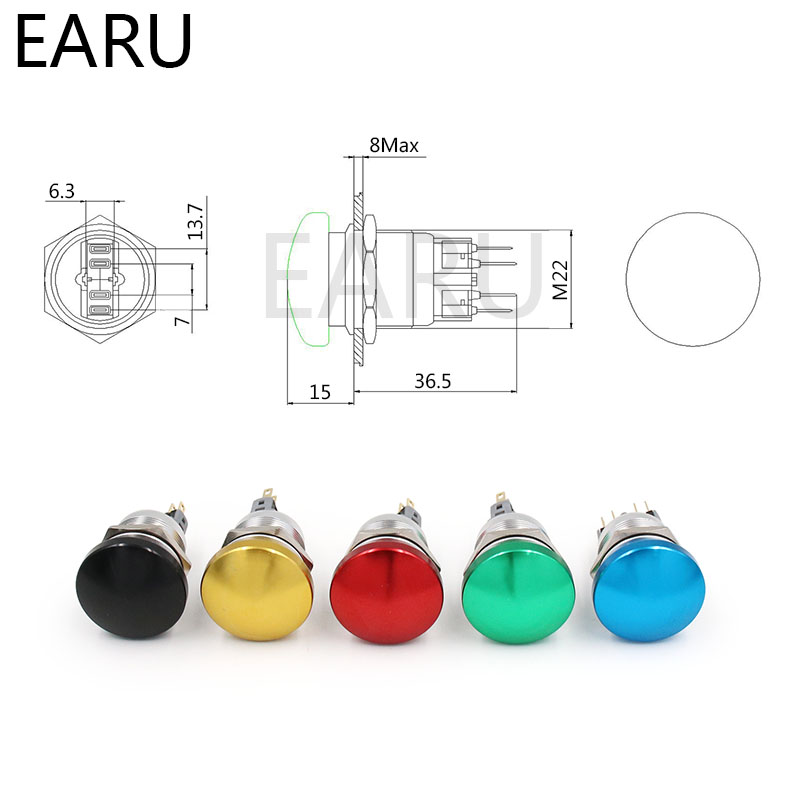 22mm Metal Aluminum Switch Push Button Mushroom Emergency Stop Push Button IP67 Waterproof Switch Momentary Latching 1NO 1NC