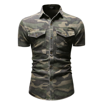 2021 New Spring Printed Men's Shirt Casual Vintage Camouflage Denim Shirt Large Pocket Loose Short-sleeved Shirt for Men