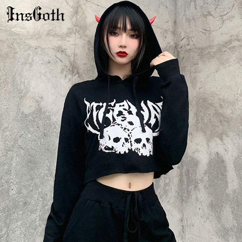 InsGoth Gothic Skull Print Black Cropped Hoodies Streetwear Punk Vintage Hooded Hoodies Women Halloween Long Sleeve Sweatshirt