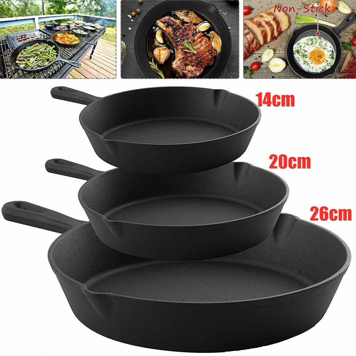 3Pcs/Set Cast Iron Non-stick 14-26CM Skillet Frying Pan for Gas Induction Cooker Eggs Pancake Pot Kitchen&Dining Tools Cookware