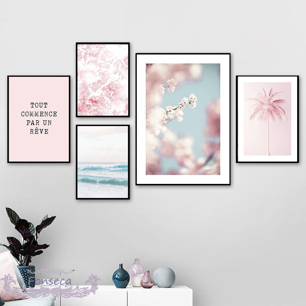 Pink Flower Seascape Canvas Painting Wall Art Print Letter Poster Palm Tree Sea Wave Cherry Blossom Pictures for Living Room