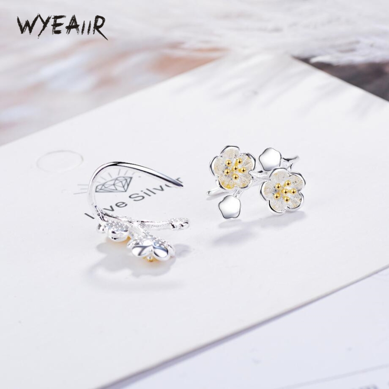 WYEAIIR Fresh Cherry Blossom Sweet Cute Original Literary Simple 925 Sterling Silver Female Dangle Earrings