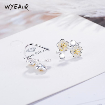 WYEAIIR Fresh Cherry Blossom Sweet Cute Original Literary Simple 925 Sterling Silver Female Dangle Earrings