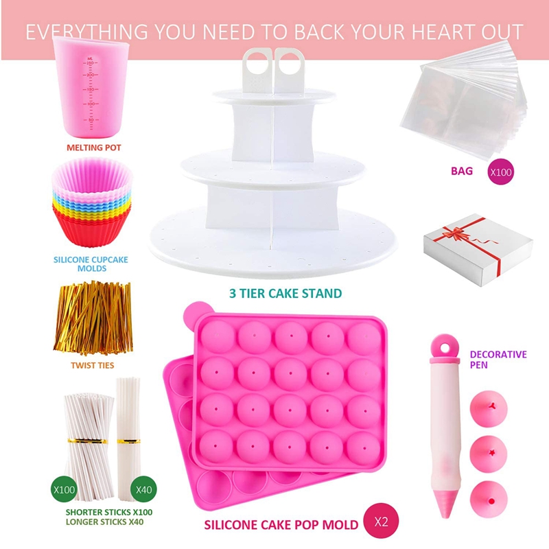 Promotion! Cake Maker Set with Silicone Cupcake Molds with 3 Tier Cake Stand, Chocolate Candy Melts Pot, Paper Lolli Sticks S