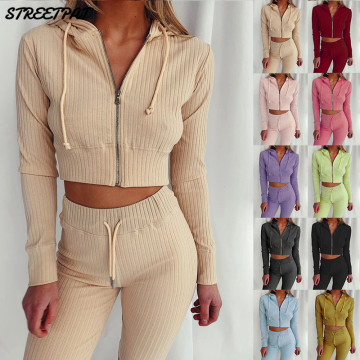 Ribbed Knitted Women 's Set Long Sleeve Hoodie Sweatshirt Pencil Pants Suit Active Tracksuit Two Piece Set Fitness Outfits 2020