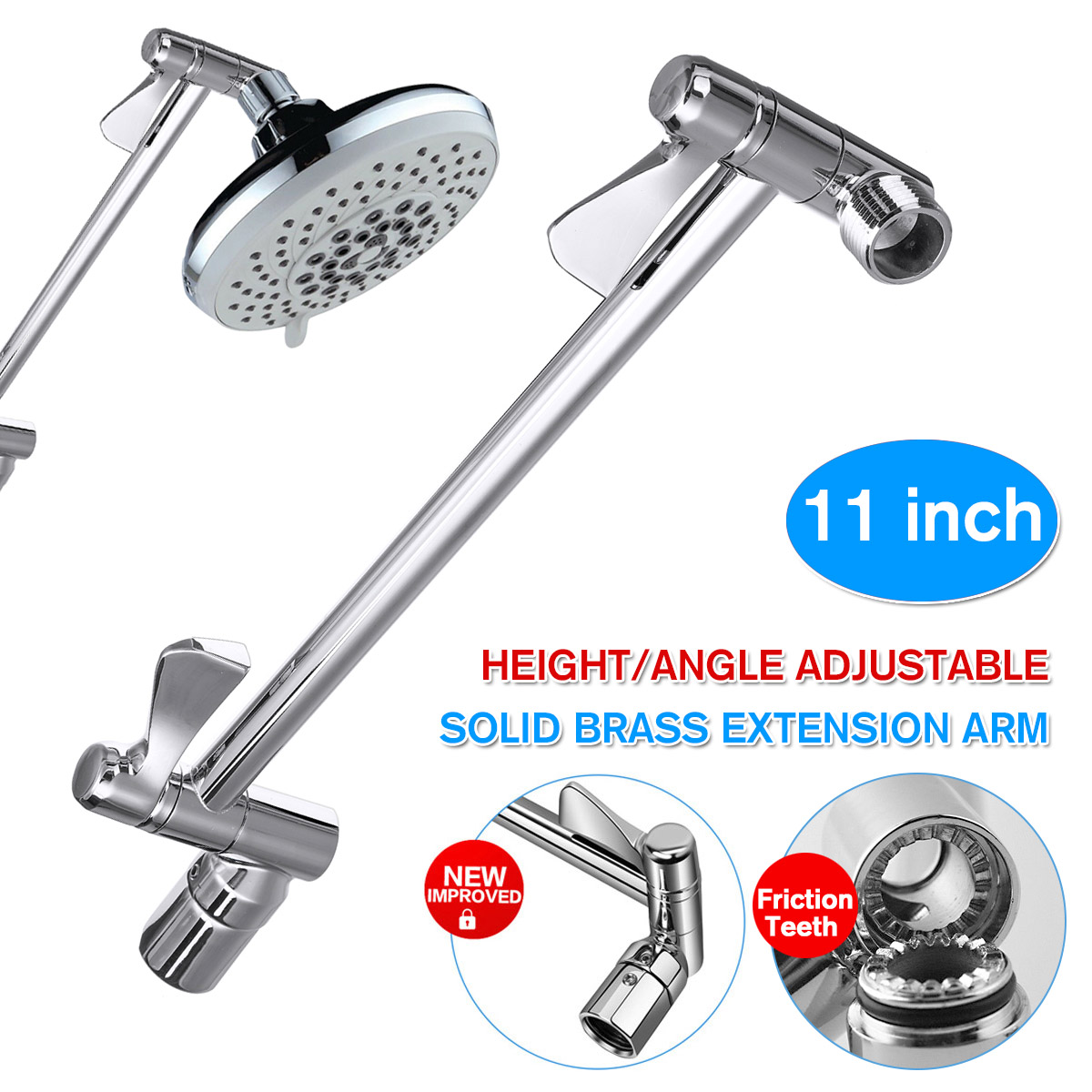 11" Solid Brass Extension Shower Arm Connecting Rod Height Angle Adjustable Wall Arm Bathroom Fixture Accessories