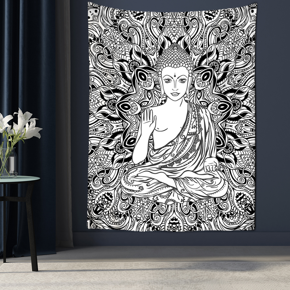 Indian God Ganesha Tapestry Indian Black White Buddha Statue Temple Church Decor Tapestry Wall Blanket Tapestry Wall Carpet