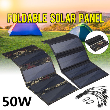Foldable Solar Panel 50W 5V Sun power Solar Cells Bank Pack USB 10in1 USB Cable Waterproof for Phone Backpack Camping Hiking