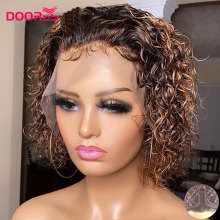 Doores Curly Bob Lace Part Wigs T Shaped Lace Wig Human Hair Remy Brown Ombre Human Hair Wigs for Black Women 150% Density M