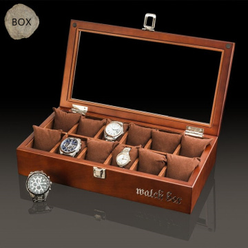 12 Slots Coffee Wood Watch Boxes Case Fashion Black Watch Storage Organizer With Glass Window Jewelry Display Gift Holder