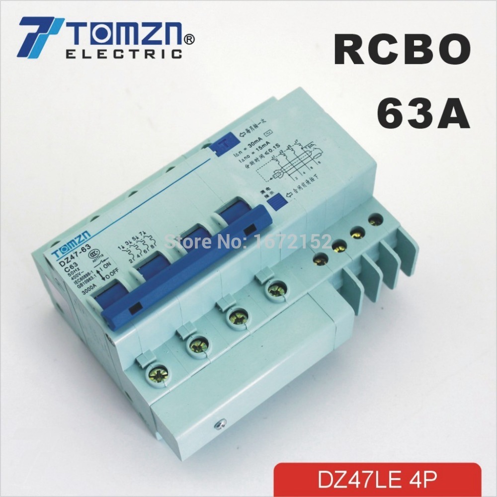4P 63A DZ47LE63A 400V~ C type Residual current Circuit breaker with over current and Leakage protection RCBO