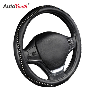 Fashion Steering Wheel Cover Black Lychee Pattern with Luxury Crystal Rhinestone M size Fits 38cm/15