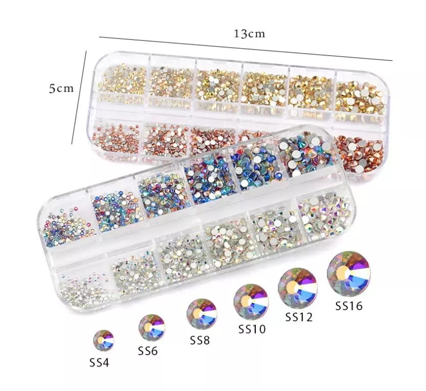 12 Grid 1440pcs Mix Sizes Glass Crystal Non Hot Fix Rhinestone Flatback Crystal 3D glitter Nail Art Rhinestones Decorations