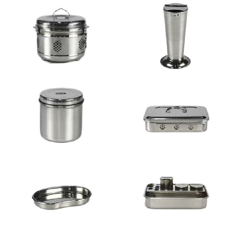 Stainless steel dressing canister.
