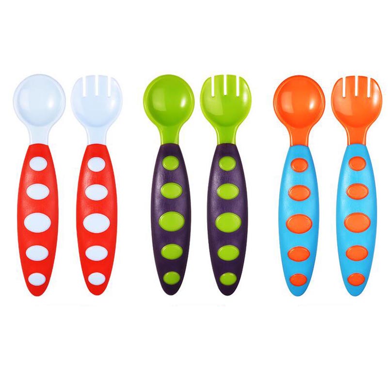 Safe Plastic Baby Spoon+ Fork Colorful Anti-Skid Handle Learning Tableware Children Dishes With Box/opp bag