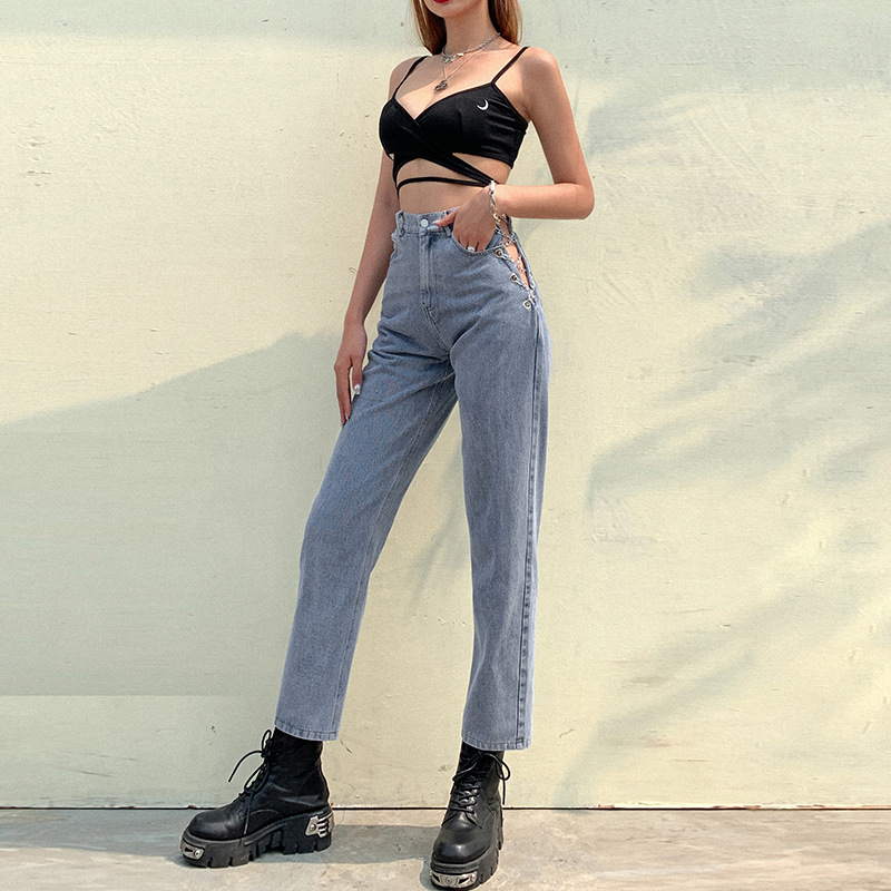 （Love Aing）Fall 2020 New High Waist Side Chain Hollow Design Women's Slim Casual Straight Leg Pants