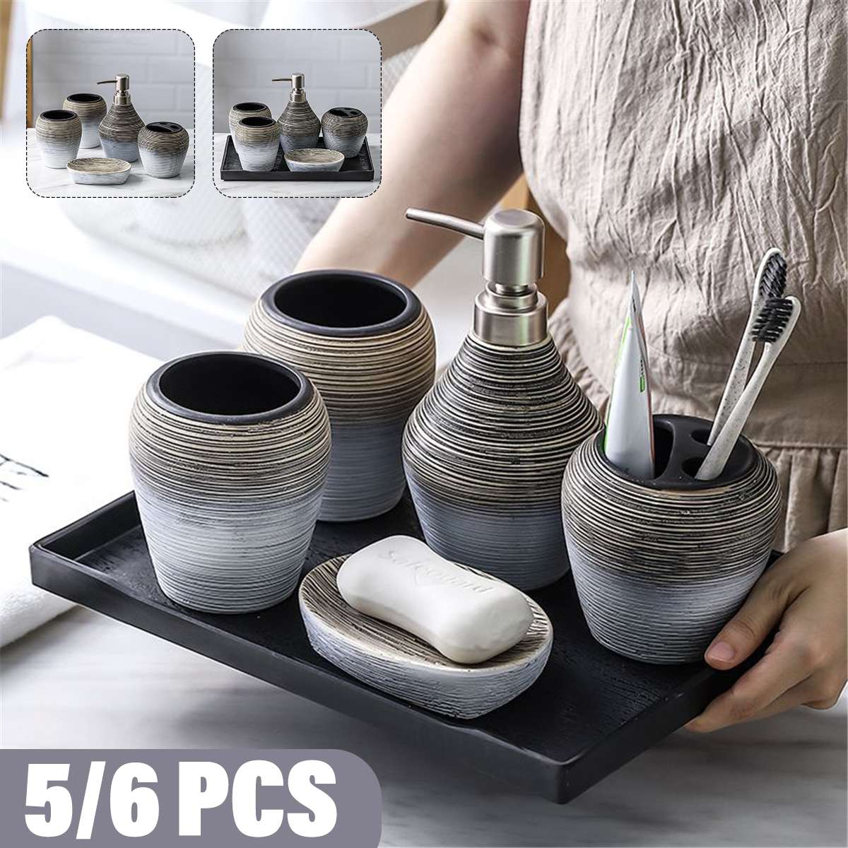 5PCS Ceramic Bathroom Accessories Set Tray Lotion Dispenser Soap Dish Toothbrush Holder Gargle Cup Set Shampoo Pump Bottle
