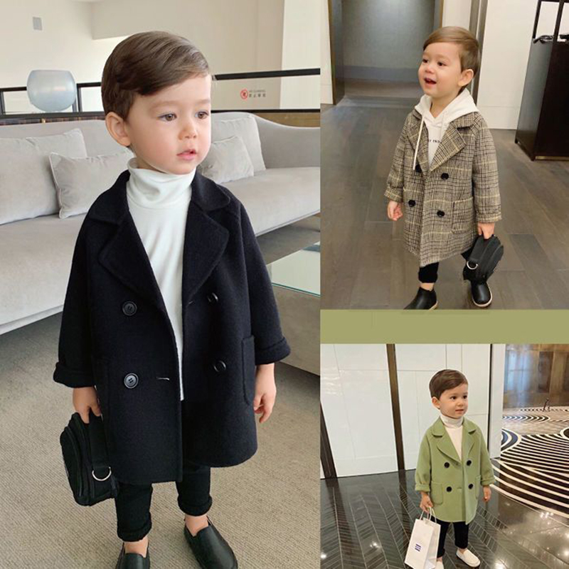 2020 Unisex Kids Overcoat Polyester Boys Woolen Coat Boys Clothes Full Sleeve Long Wool Blends Plaid Girls Clothes Outwear