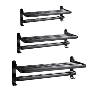 Space Aluminum Black Towel Rack Wall Mounted Folding Towel Holder Storage Shelf with Hook Bathroom Shower Room Accessories