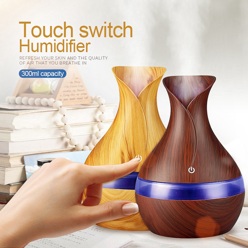 300 Ml Ultrasonic Air Humidifier Aroma Essential Oil Diffuser With Wood Grain 7 Color Changing Led Lights For Office Home Deep C