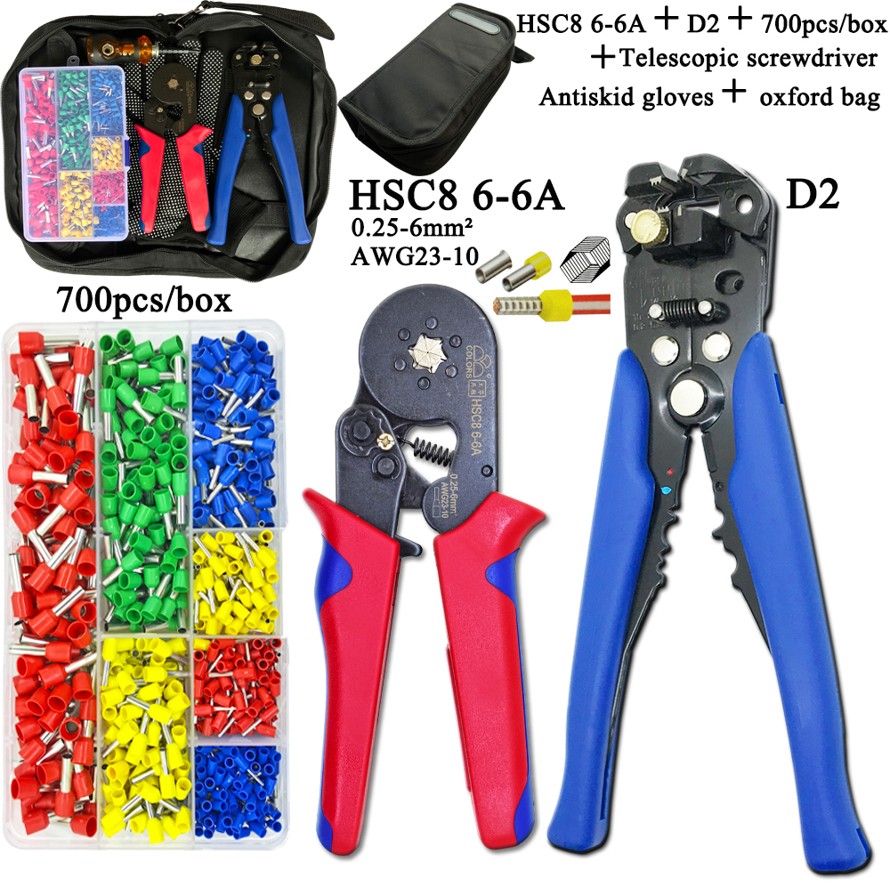 HSC8 Pliers Kit D2 Wire Cutting Pliers Tube Type Terminal Box Electrical Clamp Terminal Tube Tool Red Pliers 6-6A 0.25-6mm2 Mini