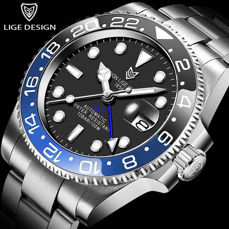 LIGE Top Brand Sapphire Glass Sport Mechanical Watches Men GMT 100ATM Waterproof Stainless Steel Automatic Watches Reloj Hombre