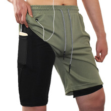 2020 Fitness Gym Shorts Double Quick Drying Elastic Men's Shorts with Earphone Hole Plate Men Music shorts 2 in 1 Running Shorts