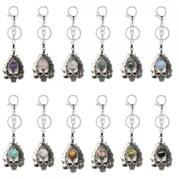 Gemstone Crystal CAB Silver Skull Stone KeyChains Natural Stone Skeleton Key Ring Alloy Skull Key Chains for Birthday Gift