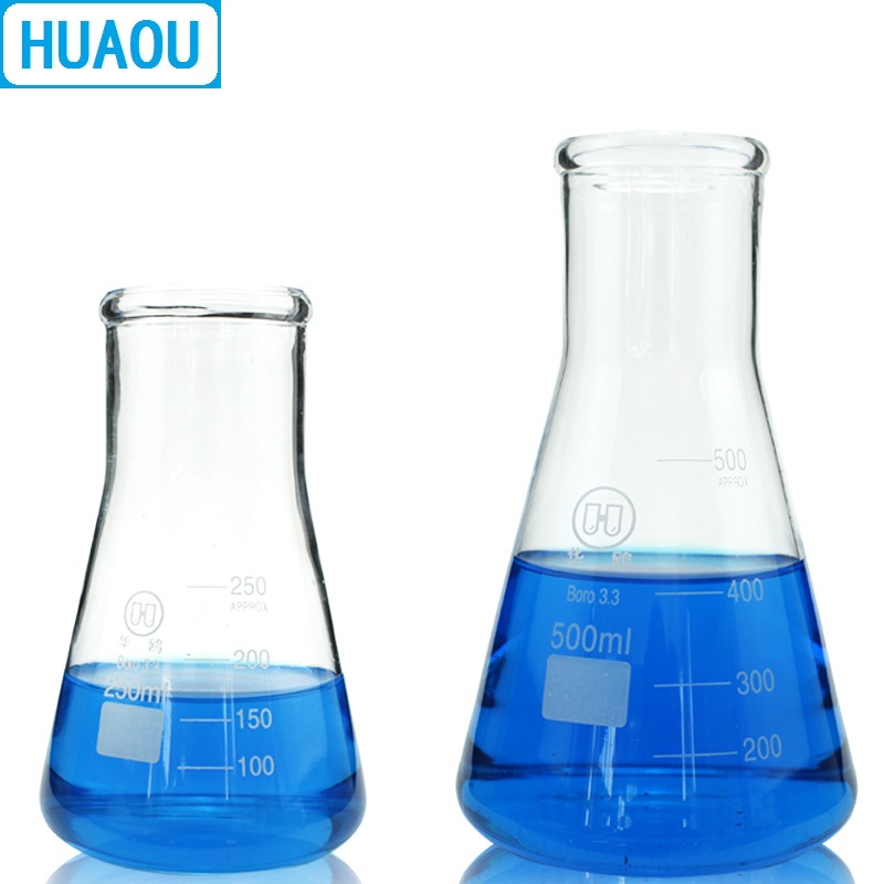 HUAOU 500mL Erlenmeyer Flask Wide Neck with Silicone Plug Stopper Graduation Boro 3.3 Glass Conical Triangle Lab Equipment
