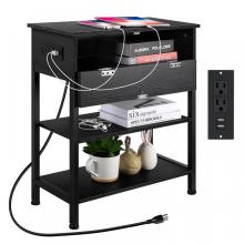 Black Multifunctional Bed Side Table with Charging Ports