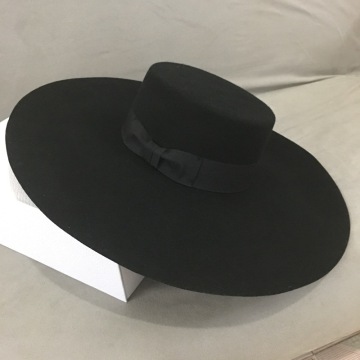 New Retro Style Big Warm Wide Brim Wool Fedora Hat Black Felt Hat Bow Flat Floppy Winter Hat for Women Party Church Wedding Hat