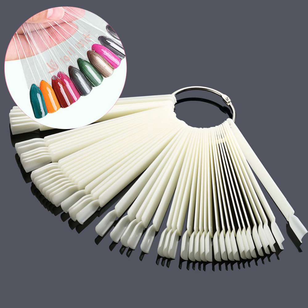 Best 50pcs Nail Polish UV Gel Display False Tips Fan Shaped with Loop Fake Nail Art Color Stickers Foldable Salon Practice Tool