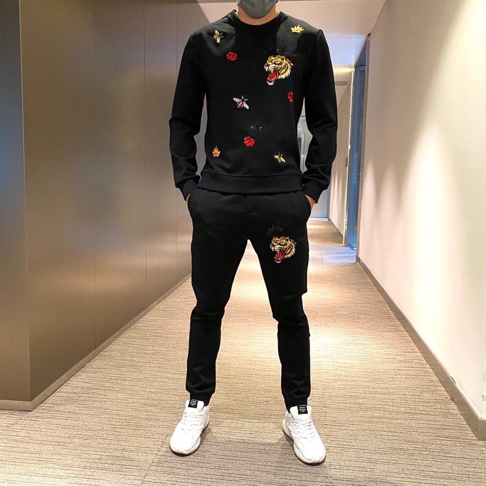 New design high quality heavy craft embroidery men's Tracksuit hoodie+brand casual trousers 2-piece sweatshirt suit
