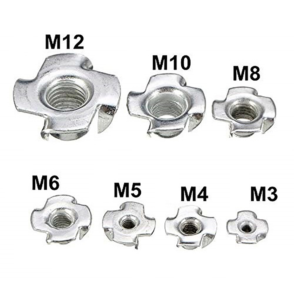 M3 M4 M5 M6 M8 M10 M12 Zinc Plated Four Claws Nut Speaker T-Nut Blind Pronged Insert Tee Nut Furniture Hardware 5/10/20/50PCS