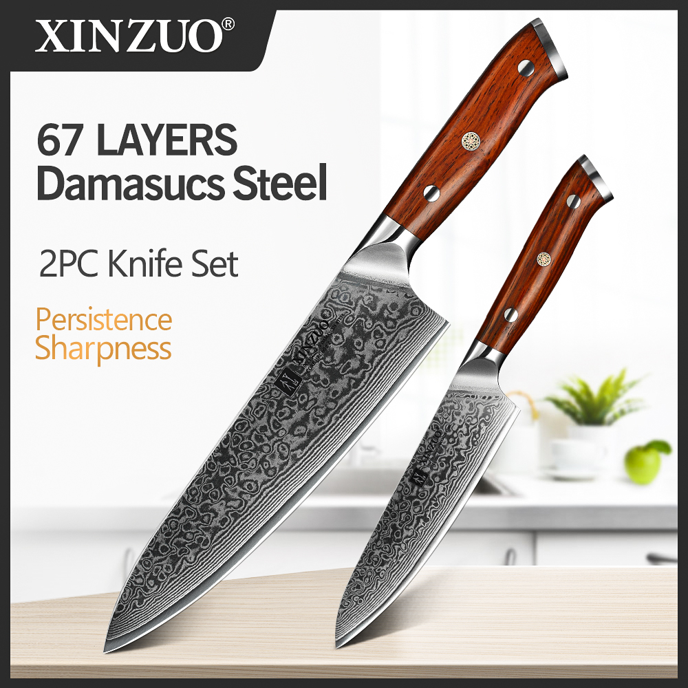 XINZUO 2PC Kitchen Chef Knife Sets Damascus Steel Professional Chef Utility Knives Stainless Steel Meat Cutter Barbecue Knives