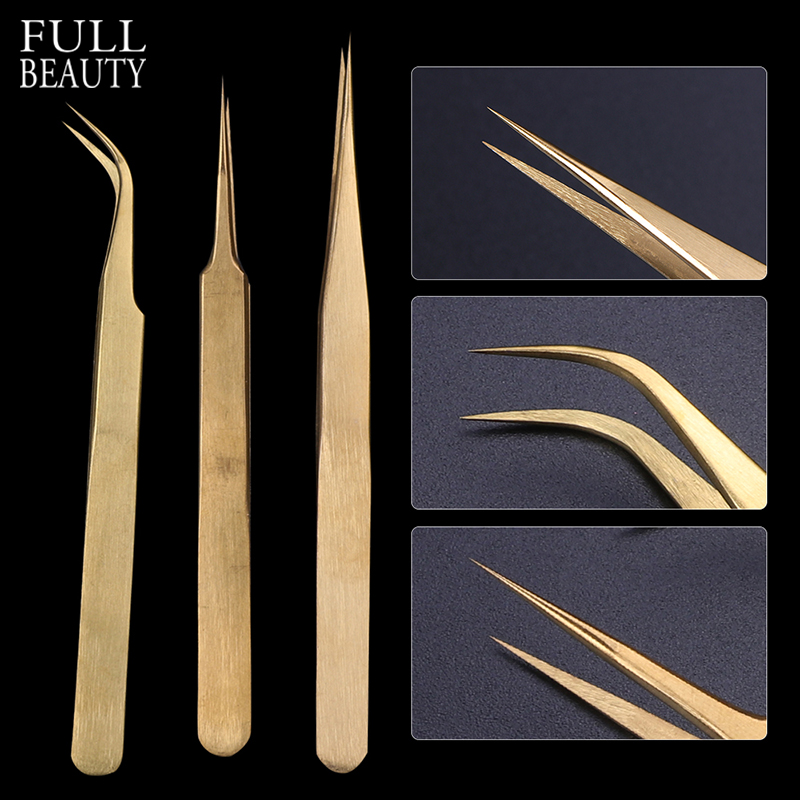 1pcs Straight Curved Tweezers for Lases Extension Eyebrow Tweezers Gold Hyperfind Needle Blackhead Remover Manicure Picker CH774