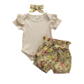 3PCS Newborn Baby Girls Clothes Ribbed Romper Top Pants Shorts Headband Summer Floral Outfits