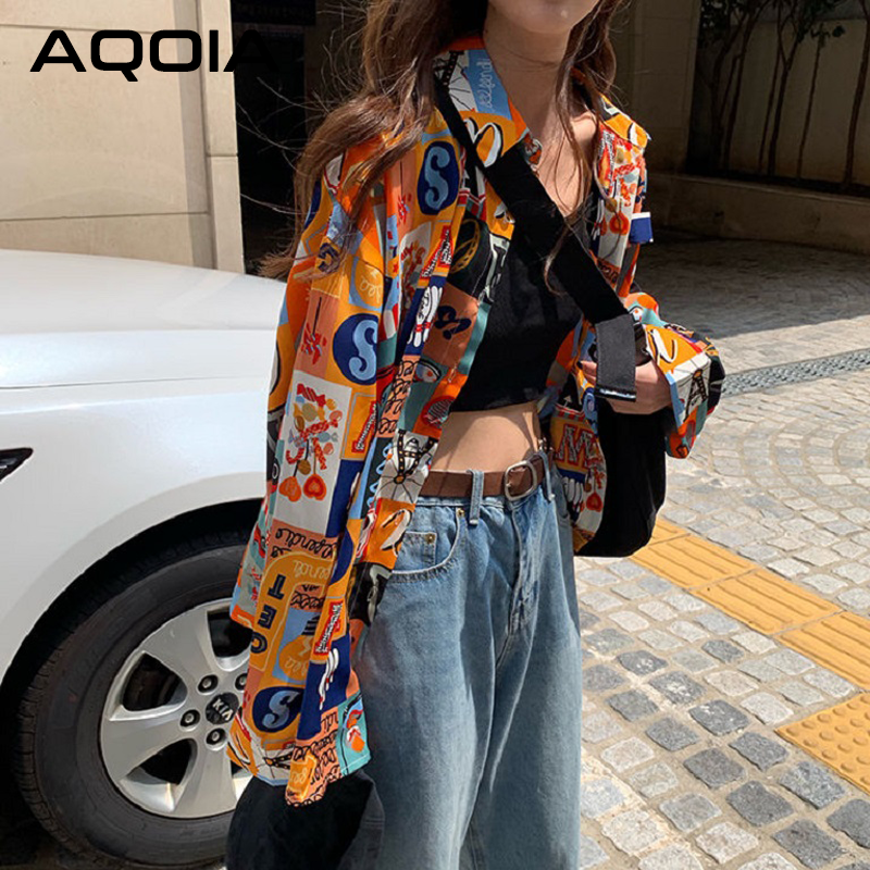 AQOIA Korean style Patchwork Long Sleeve Loose Women Blouse Shirt INS Button Up Plus Size Ladies Shirts 2020 Autumn Female Tops