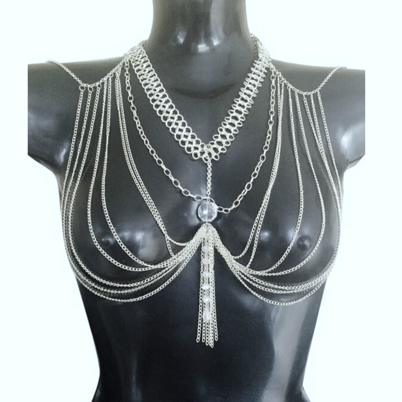 Gold/ Halter Lingerie Sexy Showgirl Shoulder Necklace Exotic Bra Chain Harness Slave Full Body Chain Jewelry
